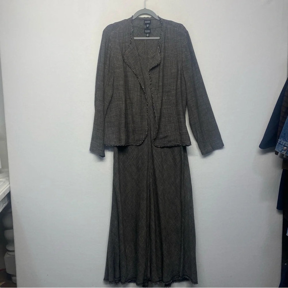Eileen Fisher S/M Maxi Dress Jacket Set Woven Rayon Linen Blend Bias Cut Brown - Picture 1 of 11